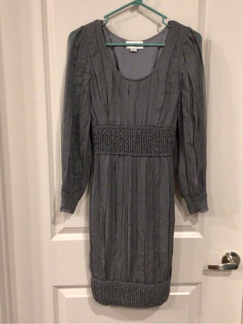Adam Lippes Silk Gray Long-Sleeve Pleated Mid Length Dress